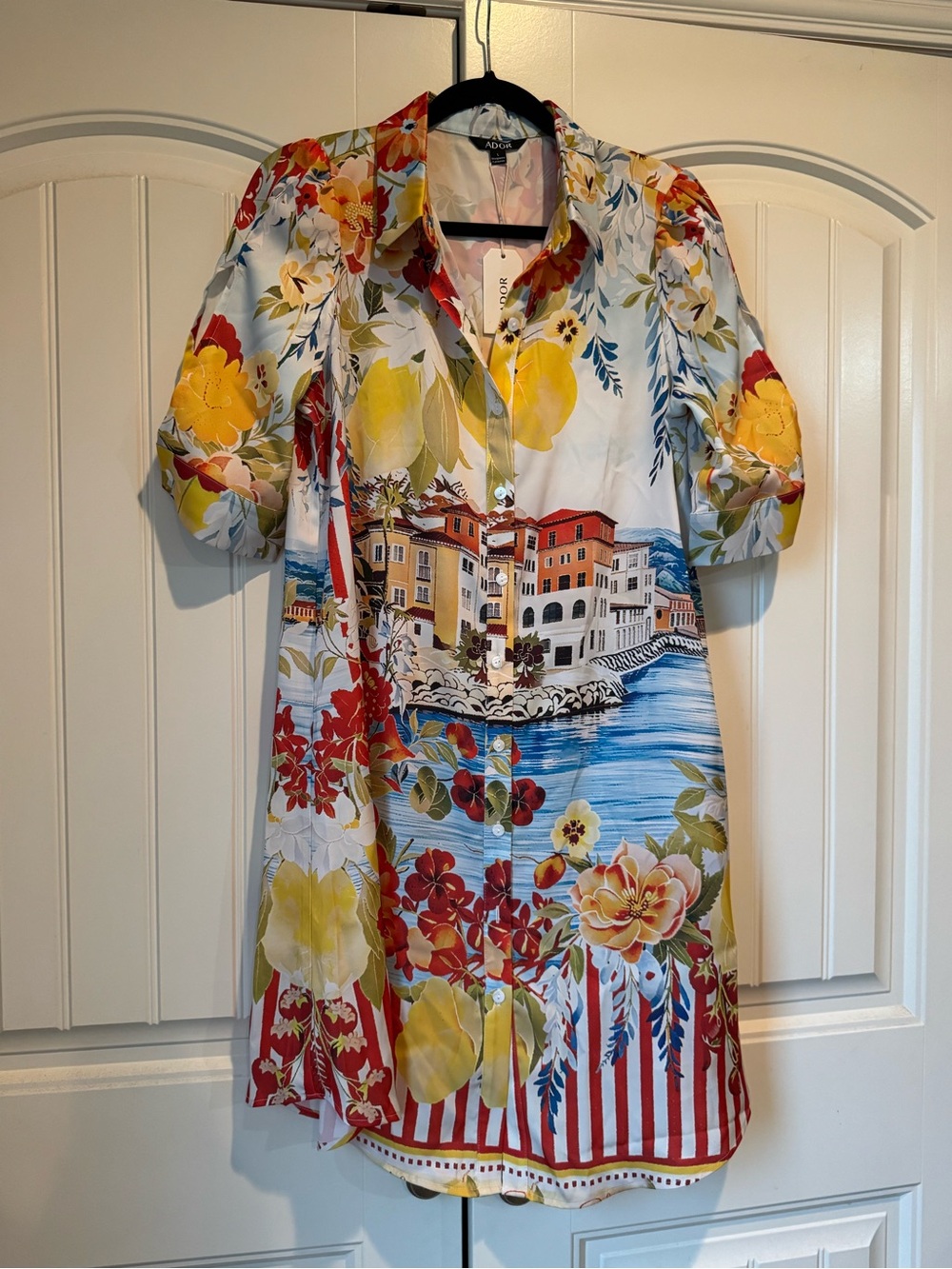 Ador Santorini Summer Silky Scenic Floral Shirt Dress